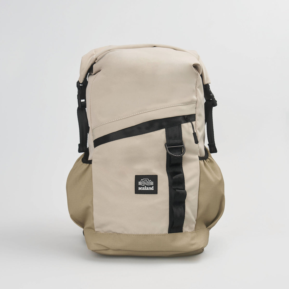 Sealand Rowlie roll-top backpack in locally woven recycled MajiTex with bottle pockets in Stone