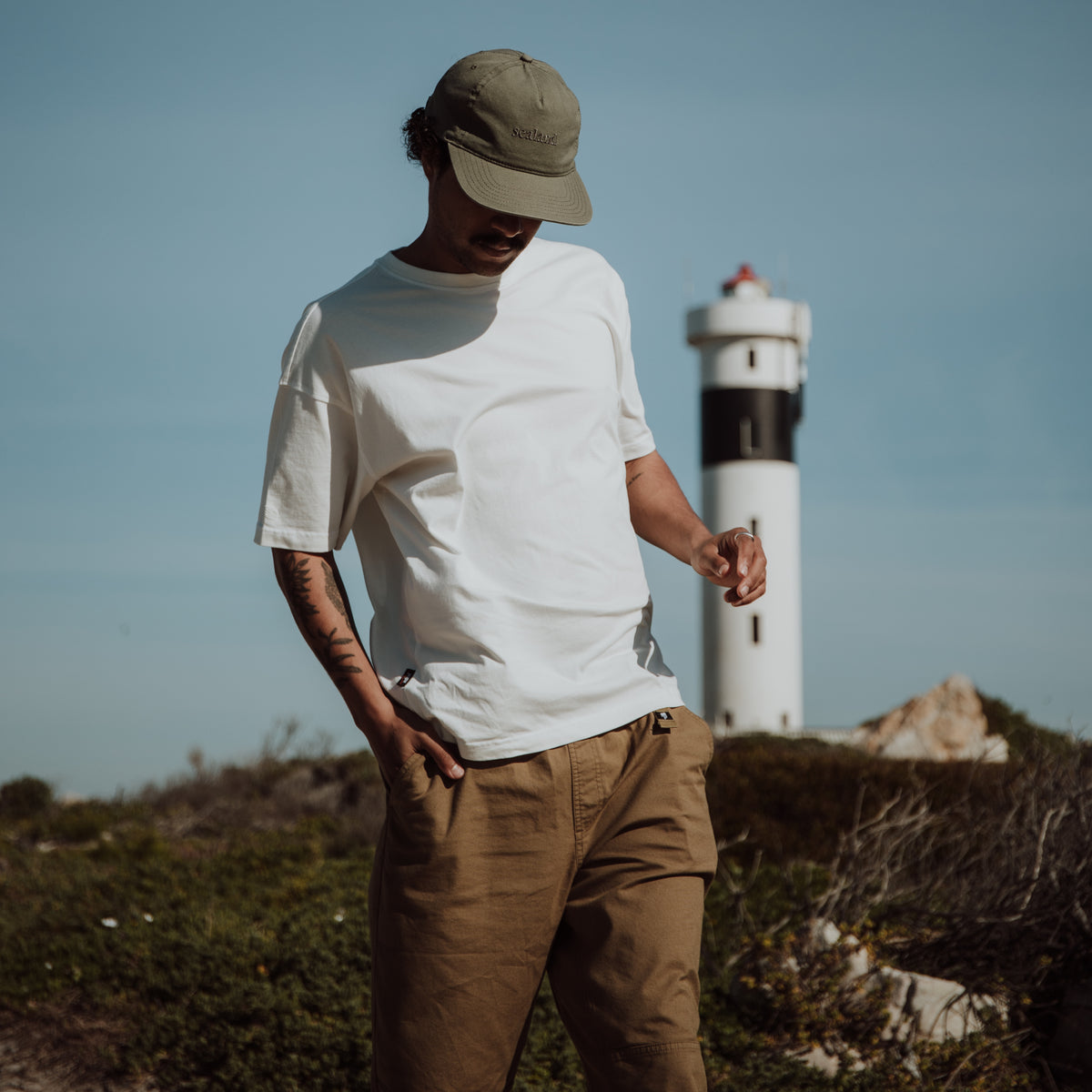 Sealand men's oversized boxy tee in pure white BCI cotton with sleeve branding