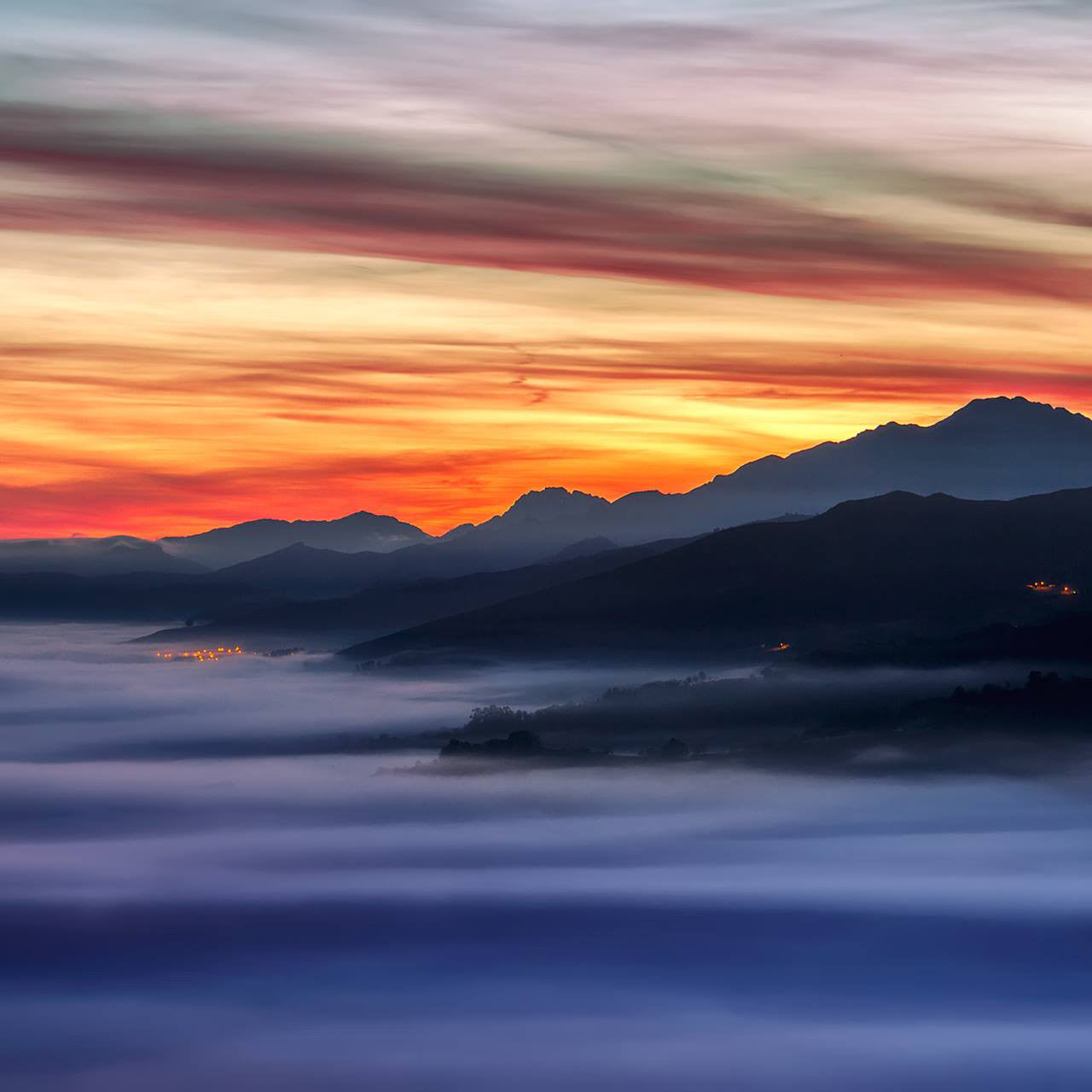 Sunset Over Mountains in Austurias Spain