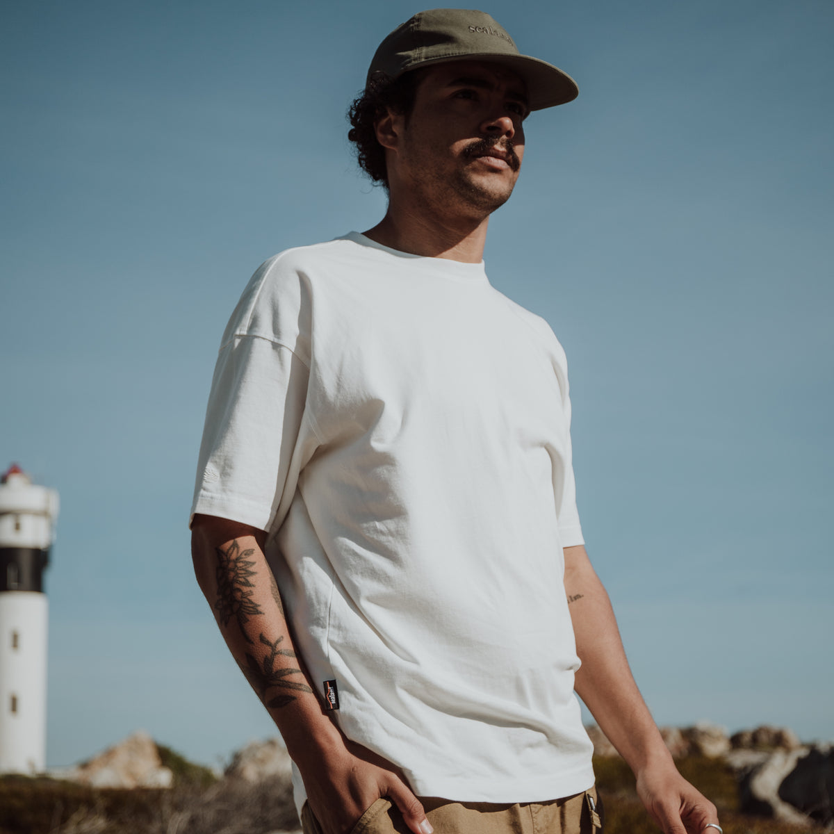Sealand men's oversized boxy tee in pure white BCI cotton with sleeve branding
